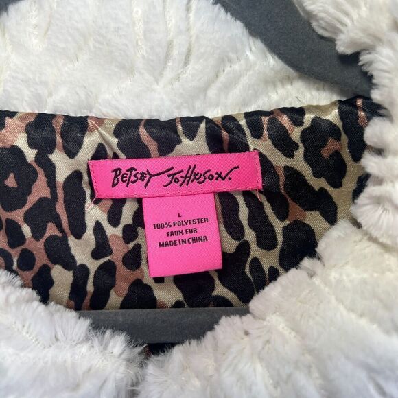 Betsy Johnson White Faux Fur Jacket Coat Size Large Animal Print Lining *READ* - Picture 3 of 10